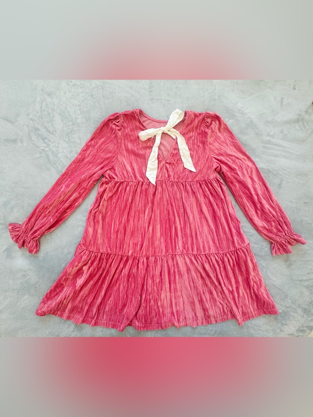 Women's Pink Long-Sleeve Tiered Dress with Cream Bow